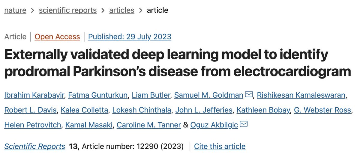 ECG-AI helps identifying Parkinson's Disease at prodromal stage. A forward step towards screening large populations, non-invasively, low-cost, and remotely! Thanks to @MichaelJFoxOrg for their support and faith in our research. @WFBMI @wakeforestmed
nature.com/articles/s4159…