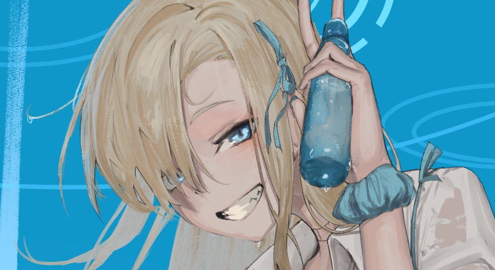 asuna (blue archive) 1girl solo blue eyes smile hair over one eye holding blue background  illustration images