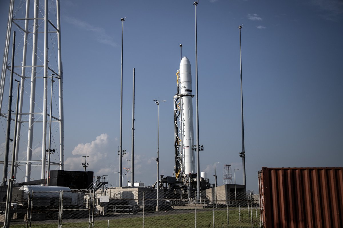 NASAWallops's tweet photo. One step closer! 🚀 @NorthropGrumman's Antares rocket was stood up on the pad for testing, getting ready for launch on Aug. 1 at 8:31 p.m. EDT. Next the rocket will be lowered back down for final cargo loading.

Follow along our blog for the latest: https://t.co/QwshGZmeov https://t.co/G5wxdZaGKJ