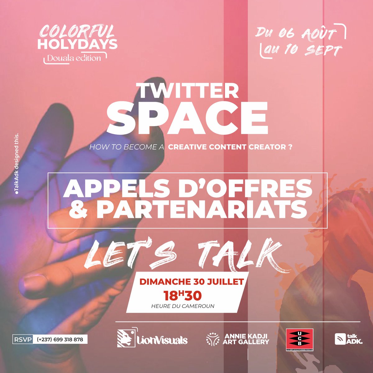 king__Noah's tweet photo. Fixez un rappel pour mon prochain Espace ! https://t.co/0WNbagafG9

Hello. Be ready   Venez nombreux..  
Il y a ce Space dimanche 18h30. (Heure du cameroun 😂😂)  alors on va discuter appels d’offres et partenariats pour l’évent de ces vacances, le #Colorfulholidays.  GO. https://t.co/UnbB7hycuE