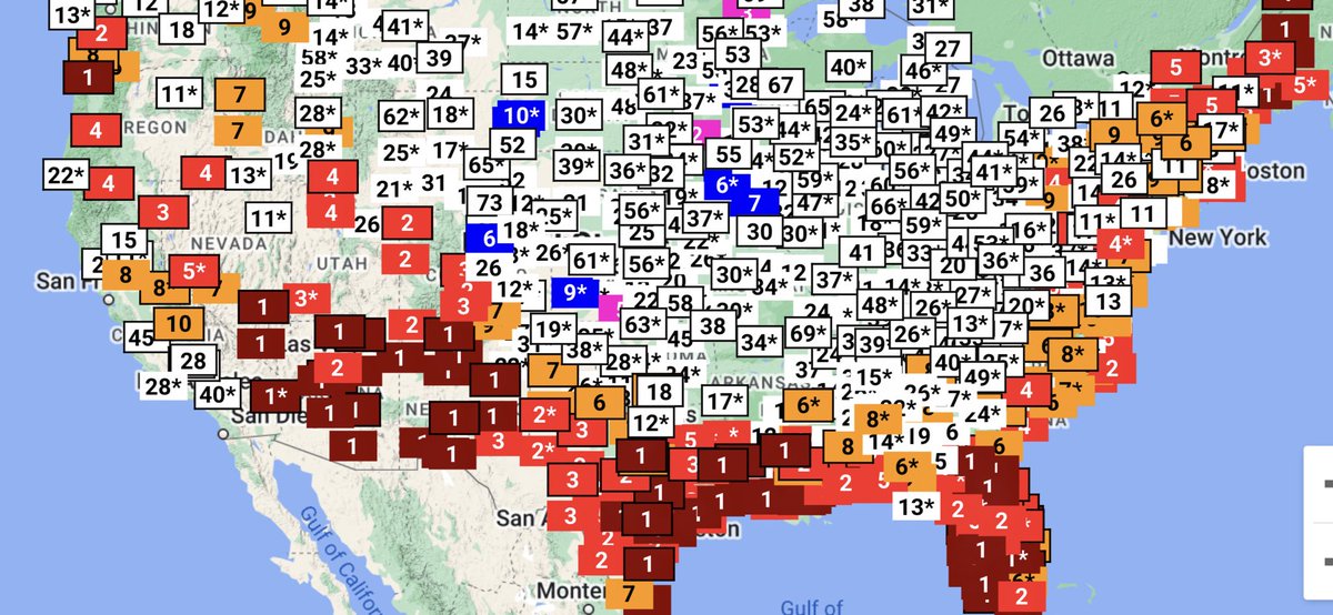 Extreme heat on the edges, esp. all across the South. The 1’s stand for the hottest month of July on record. But it’s been quite cool in the middle. A few spots too 10 coolest. Not easy to accomplish in a heated climate. But the “cool” has not been nearly as extreme as the heat.