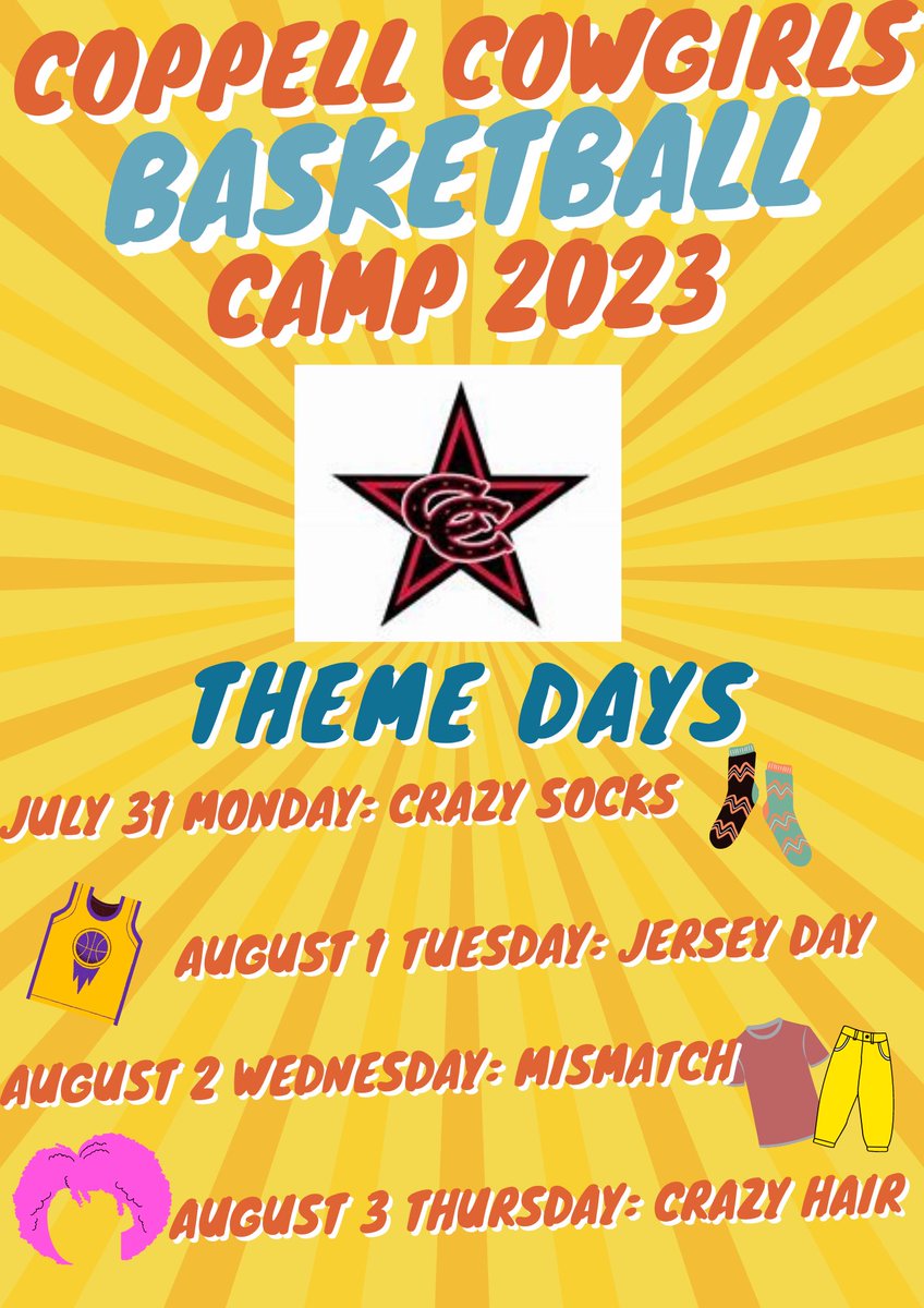 CAMP IS RIGHT AROUND THE CORNER! HERE ARE THE THEME DAYS!! <a href="/CowgirlsBball/">Coppell Cowgirls Basketball</a>