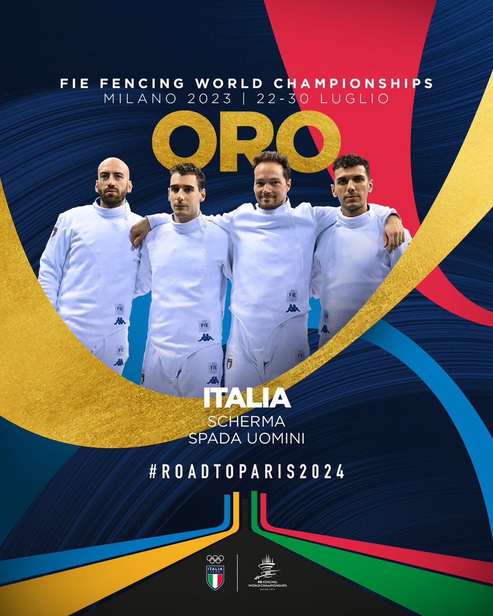 ItaliaTeam_it's tweet photo. I RE DI SPADE😍

Davide Di Veroli, Andrea Santarelli, Gabriele Cimini e Federico Vismara sono campioni del mondo a #Milan2023!!!🌍🥇

La nostra fenomenale squadra è leggenda!!!💙💙💙💙

#ItaliaTeam @Federscherma @FIE_fencing #fencing #RoadToParis2024 https://t.co/dVzDEgscSe