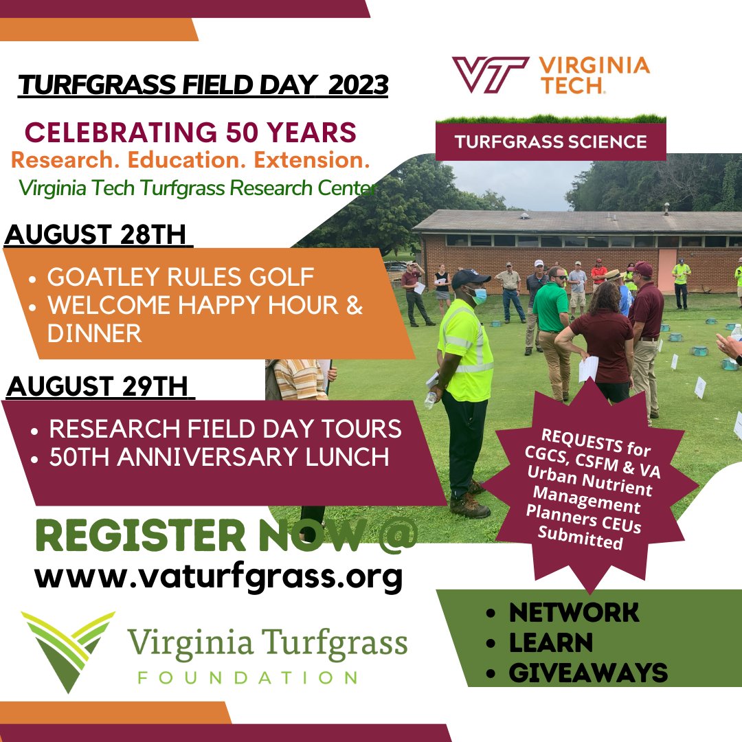 @vtturfgrass 50th Field Day Anniversary is 4 weeks away! Have you registered yet? aimsbbis.vt.edu/turffieldday23 #VaTurf #KeepingItReal