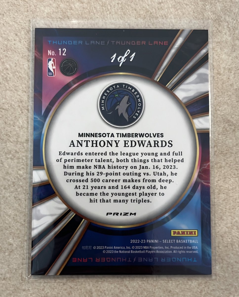 Terrapincards's tweet photo. Well Twitter, just pulled my biggest card ever from a Select Mega from Barnes and Noble.  Car rips!  Last week I pulled a Trae /10, and this week I pull a Beauchamp RC /10 and…Anthony Edwards Thunder Lane 1/1!!!! @CardPurchaser https://t.co/aFHqFXVjTf