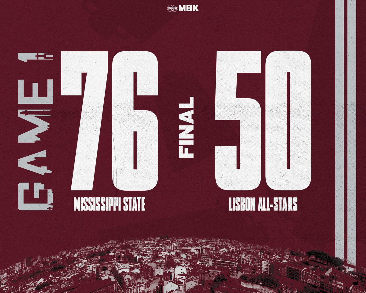 Game 1 in Portugal ✅

Hubbard - 12 PTS, 3 STL
Taylor - 9 PTS, 4 ASST
Bell Jr - 8 PTS

#HailState🐶