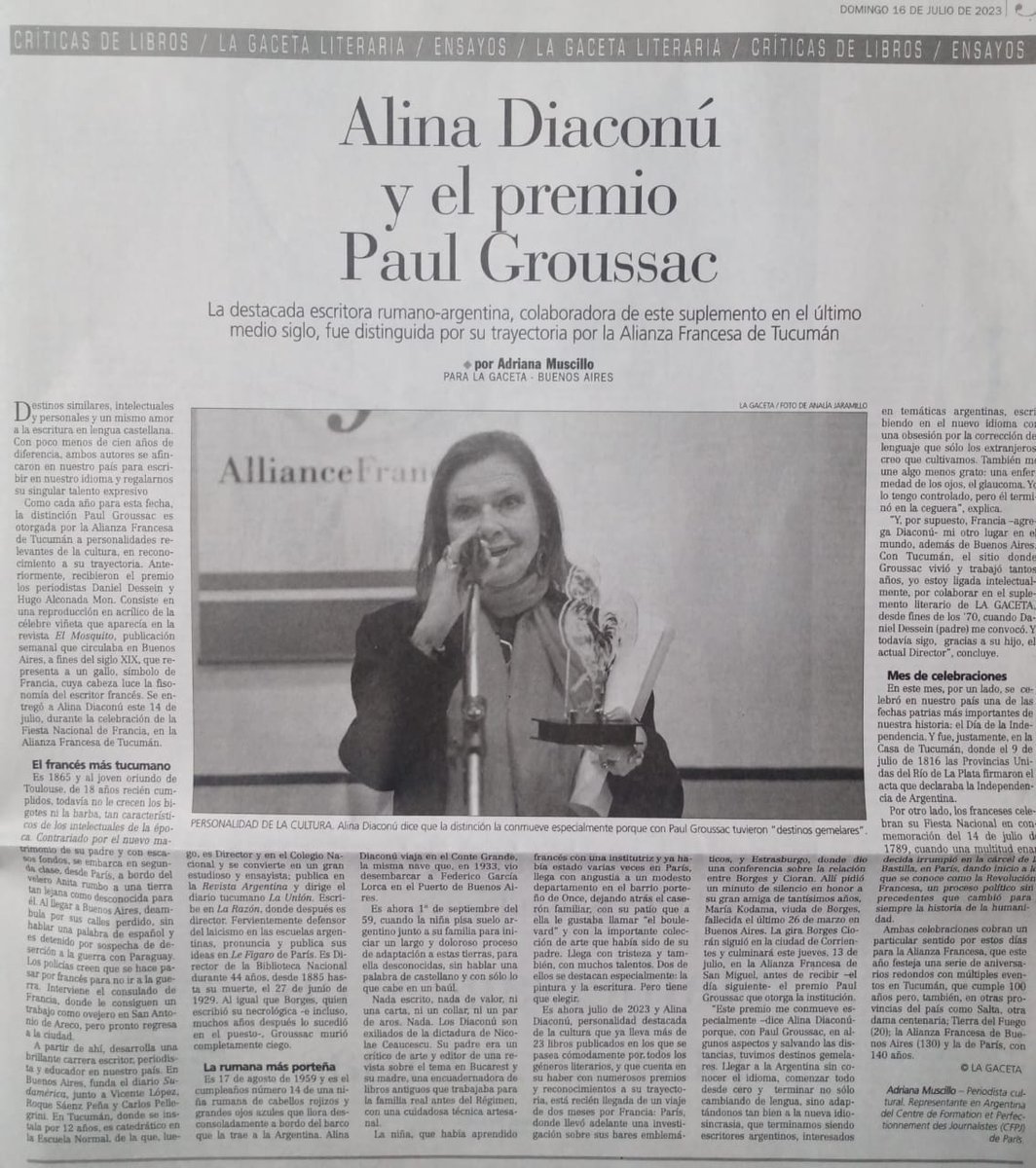 Mi artículo sobre Alina Diaconú y el Premio Paul Groussac. Gracias, @Alianza Francesa de Tucumán, Gracias, <a href="/LGaceta/">La Gaceta</a>  literaria.