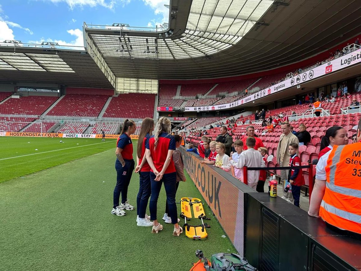 BoroWomen's tweet photo. A great day supporting @Boro in their final preseason match! Some of our players @lwareham1 , @ellen_packham  and @FranWardd attended the game with Manager @mickmulhern6 and General Manager @BenFisher1976 .  It was a great day spending  time with supporters, sharing updates on the season ahead! #UTBW #UTB