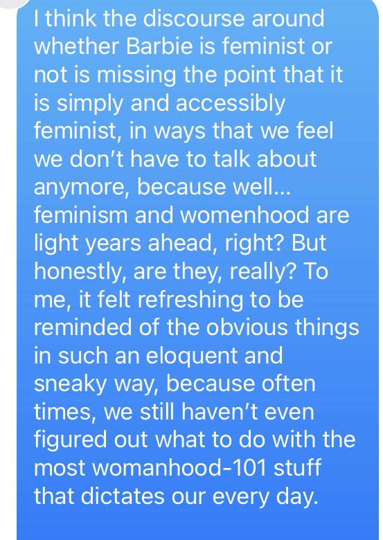 TomiLaffly's tweet image. Feel like the discourse around whether #Barbie’s feminism is too obvious or whether it is feminist has been missing the point that the film wasn’t trying to outsmart anyone. As I said in my review, sometimes, u want to rehear the obvious. Some thoughts I just texted a friend… x
