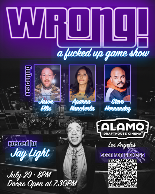 DietJay's tweet image. TONIGHT! It's @wronggameshow's craziest lineup to date and holy shit I still can't believe it. @EllisMate @aparnapkin and @BigHern all coming together to run my dark comedy gauntlet at the @DrafthouseLA. 

Don't miss it! Tix here: eventbrite.com/e/wrong-a-dark…