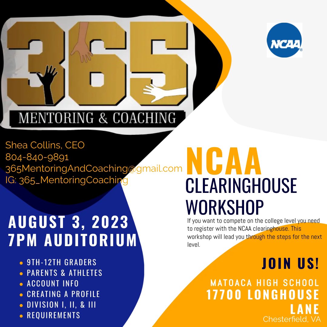 NCAA Clearinghouse Workshop @Matoaca High School Aug 3rd, 7pm. All athletes in the surrounding area are welcomed. @MHS_Warriors_FB @WarriorsMSoccer @MatoacaBoysLax @MatoacaSoftball @MahsGirlsSoccer