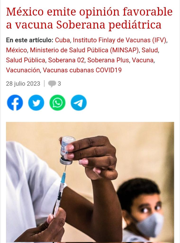 La Comisión Federal para la Protección contra Riesgos Sanitarios de #México emitió una opinión favorable para el uso de emergencia de las vacunas cubanas #Soberana02 y #SoberanaPlus para la población pediátrica.

Esto es un claro ejemplo de la buena biotecnología de #Cuba