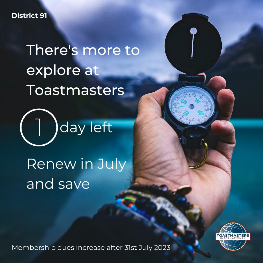 Dues are increasing in August, and you've got 1 day left to renew your membership until March 2024 at current pricing. #d91toastmasters #PersonalGrowth #PublicSpeaking #LeadershipDevelopment