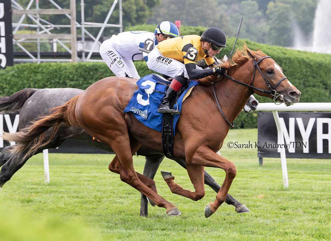 theTDN's tweet photo. 🥇 A special win to kick off Saturday's card at Saratoga, as CARSON'S RUN (Cupid) digs in to break his maiden by a neck on debut! The 2YO @clementstable trainee is named in honor of @westpointtbred partner Wade Jost's son Carson, who was born with Wolf-Hirschhorn syndrome. https://t.co/piW2bnkIPw