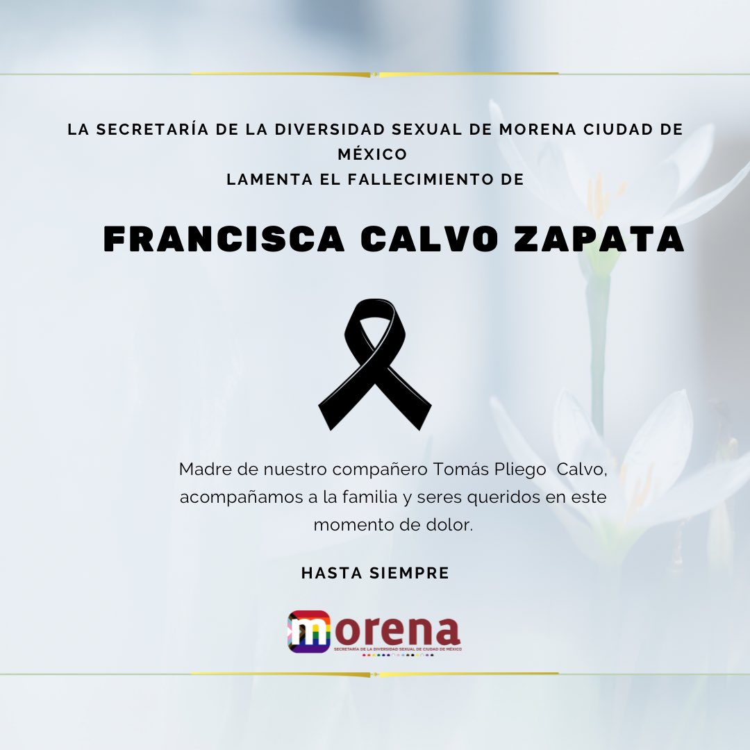 DiverSexCdMex's tweet photo. La Secretaría de Diversidad Sexual de Morena CDMX lamentamos el sensible fallecimiento de Francisca Calvo Zapata, madre de nuestro compañero @tomaspliegoc. 

Acompañamos a la familia y a sus seres queridos en este momento de profundo dolor. https://t.co/Rca89rFD0N