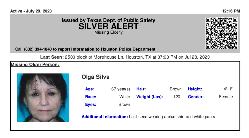 ACTIVE SILVER ALERT for Olga Silva from Houston, TX, on 07/29/2023.