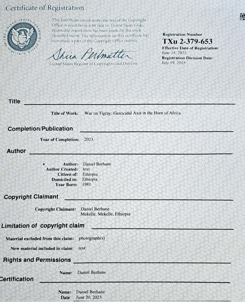 My book's certificate of registration by US Copyright Office at the Library of Congress. #TigrayGenocide