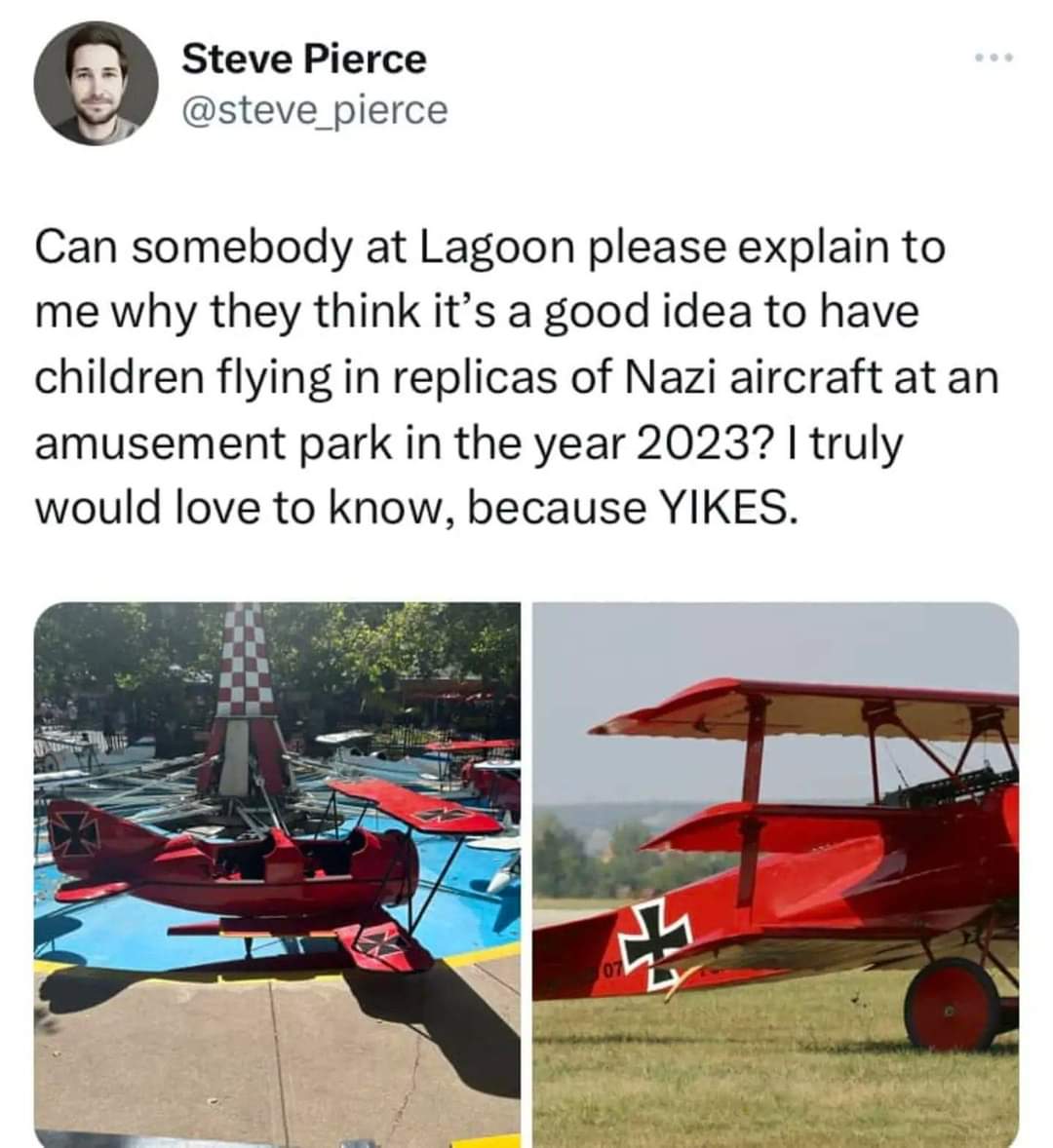 Looks like someone <a href="/steve_pierce/">Steve Pierce</a> needs a history lesson...

That "Nazi aircraft" is a World War I Biplane, and that is an Iron Cross, not a swastika.

World War I dates:
July 28, 1914 – November 11, 1918

The Nazi Party was formed February of 1920.

Ever try reading a book?