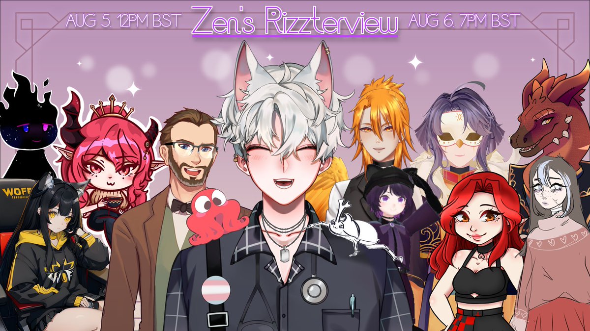 On Sunday 6th August I am joining these lovely VTubers below for a Speed Dating session hosted by <a href="/MediZense/">MediZen 🐶👨‍⚕️ VetTuber</a> ! I am really bad at flirting but I'll bring my best rizz I can, be prepared to watch me get out-rizzed !