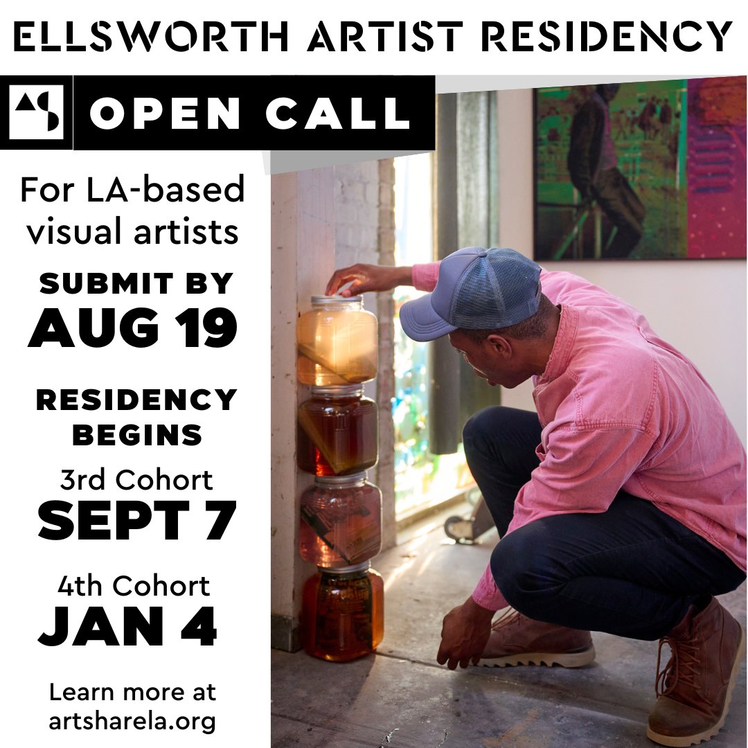 Art Share L.A. invites applications for the 3rd and 4th cohort of the Ellsworth Artist Residency program! The selected artists will be provided a studio space at Art Share L.A. for 12 weeks and a stipend of $1,000. Learn more at ow.ly/NPn050Pof9f.