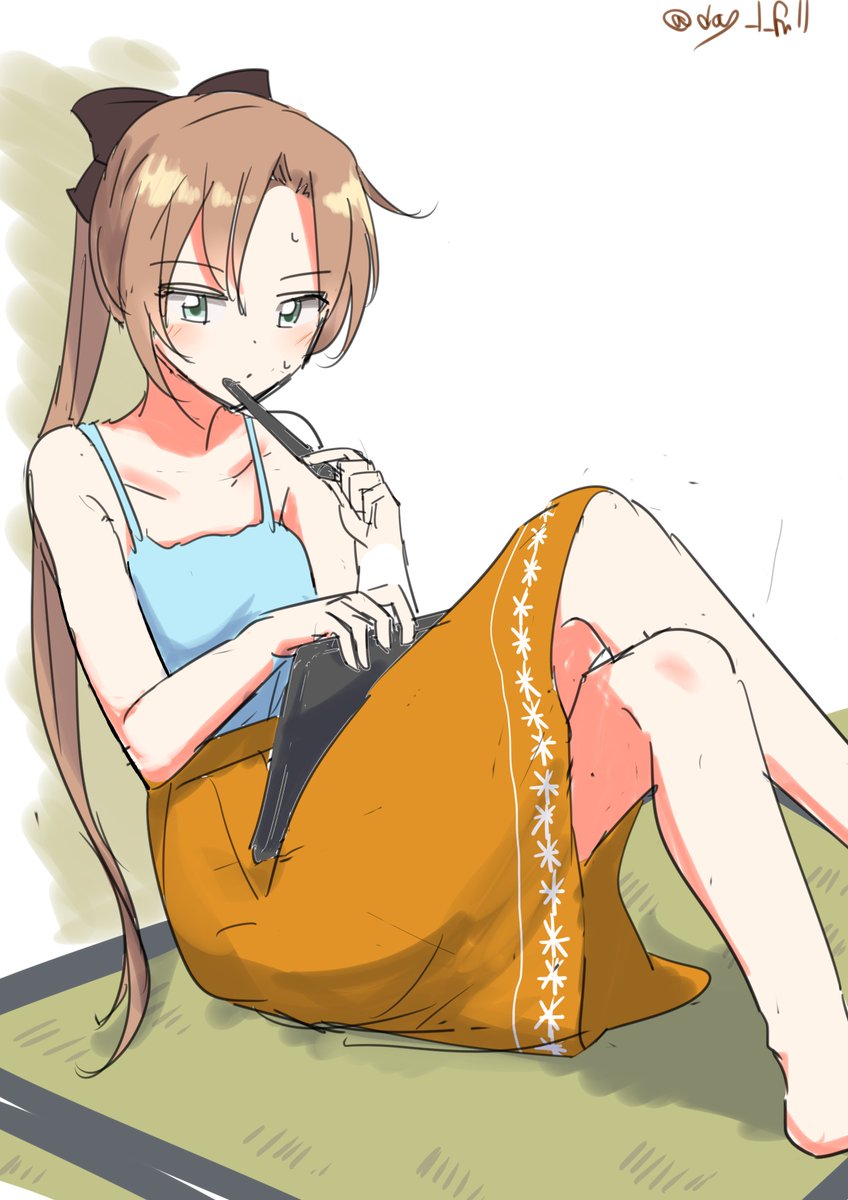 akigumo (kancolle) 1girl solo long hair brown hair ponytail skirt orange skirt  illustration images