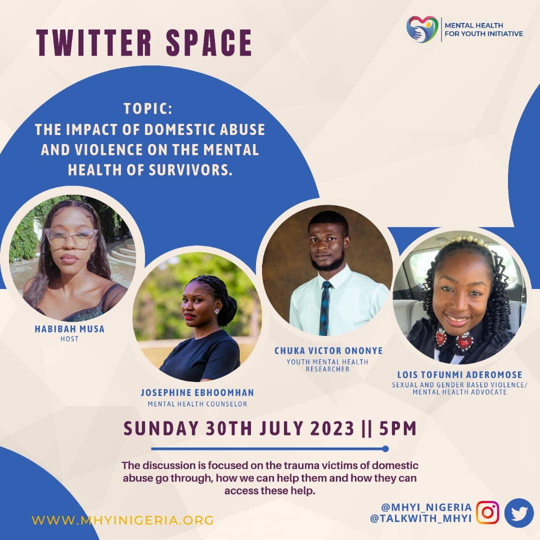 mhyi_nigeria's tweet photo. If you are looking for a place to find answers on issues bothering on Domestic abuse, then you are in for a treat.

Join our Twitter Space tomorrow Sunday 30 July as we talk about Domestic Abuse And It's Effect On The Mental Health Of Its Victims.

https://t.co/X15x9fulLc https://t.co/t4wUTJJgra