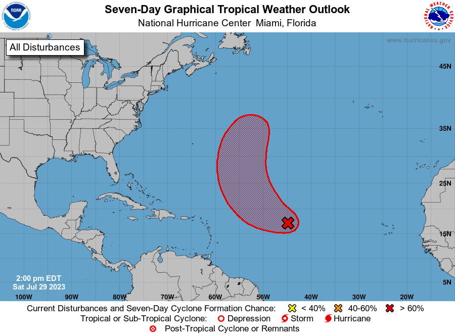 NHC_Atlantic's tweet image. 2 PM Saturday: NHC is monitoring a disturbance over the central tropical Atlantic that has a high chance of development and is likely to become a tropical depression during the early part of next week.  The system is forecast to move northwestward, and then northward over the…