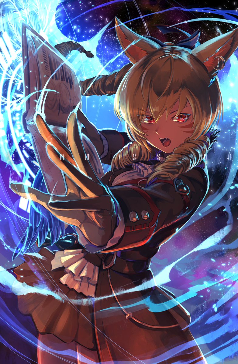 avatar (ff14) 1girl animal ears miqo'te solo gloves red eyes drill hair  illustration images