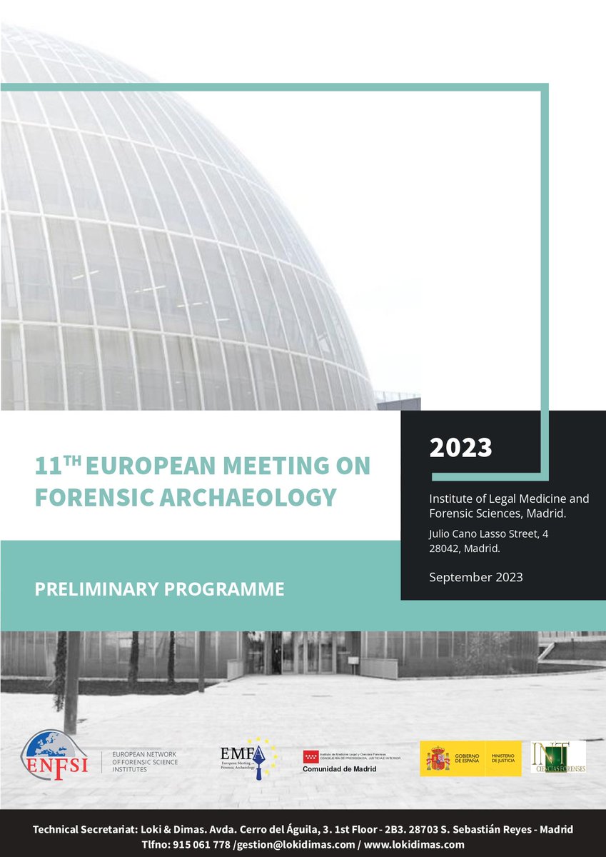 EMFA Madrid 2023 (@emfamadrid2023) on Twitter photo The PRELIMINARY PROGRAMME of <a href="/emfaMadrid2023/">EMFA Madrid 2023</a> is now available in our website 👉forensicarchaeologymeeting.com/.../04-PROGRAMA...
And remenber, Early Bird Registration ends in three days!! Register now at: forensicarchaeologymeeting.com
<a href="/INTCFjusticia/">Instituto Nac. de Toxicología y Ciencias Forenses</a> #forensicarchaeology #forensics #forensicanthropology The PRELIMINARY PROGRAMME of <a href="/emfaMadrid2023/">EMFA Madrid 2023</a> is now available in our website 👉forensicarchaeologymeeting.com/.../04-PROGRAMA...
And remenber, Early Bird Registration ends in three days!! Register now at: forensicarchaeologymeeting.com
<a href="/INTCFjusticia/">Instituto Nac. de Toxicología y Ciencias Forenses</a> #forensicarchaeology #forensics #forensicanthropology