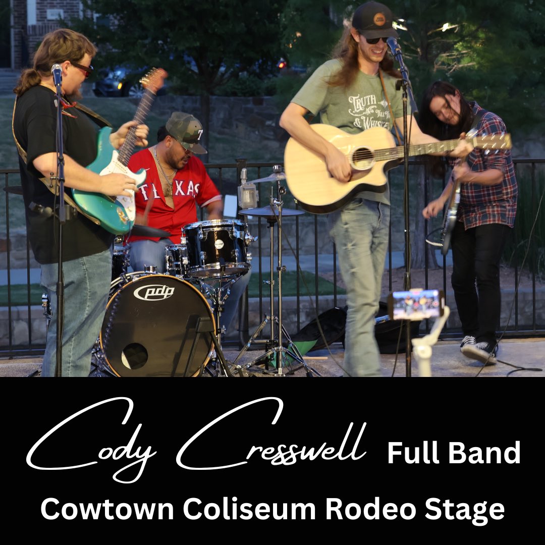 TstBuzz's tweet photo. 💥Catch the boys in the Yards today!  Not much can beat the Texas heat, but @CodyCresswell @mateomusic555 @MFJEAR and @anthonbondi will be heating up the Cowtown Coliseum Rodeo Stage today from 4:30-7:30pm!  Come out and bring us a cold beer!  #huntcountyboys #tstbuzz ⚡️ https://t.co/eQafGHJvEV