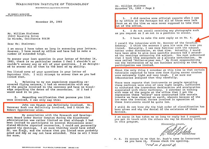MvonRen's tweet photo. In 1950, physicist Robert Sarbacher tells Canadian engineer Wilbert Smith of a UFO engineering effort. Re-confirms in 1983.

-“Pretty certain they didn’t originate on earth”

-Materials “extremely light and tough”

-Biological remains

-Oppenheimer, von Neumann, and Bush involved https://t.co/KZusi01nXL