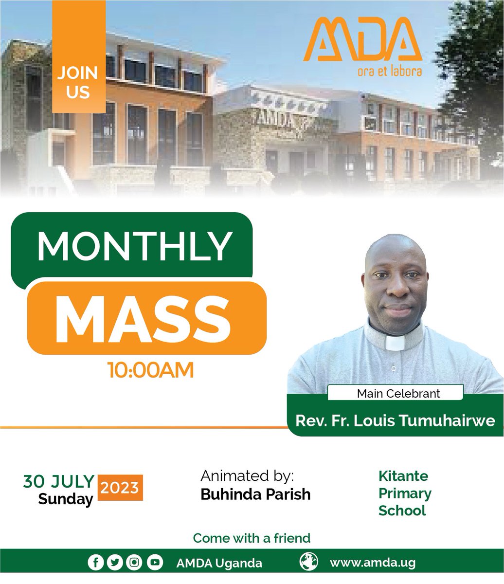 📢 Join us tomorrow for a spiritually uplifting experience at our monthly Mass🙏🏽🕊️ 

📍Kitante Primary School 

⏰10:00 AM. 

Come as you are and let your heart be nourished.

#AMDAMassTomorrow

 #CommunityOfFaith