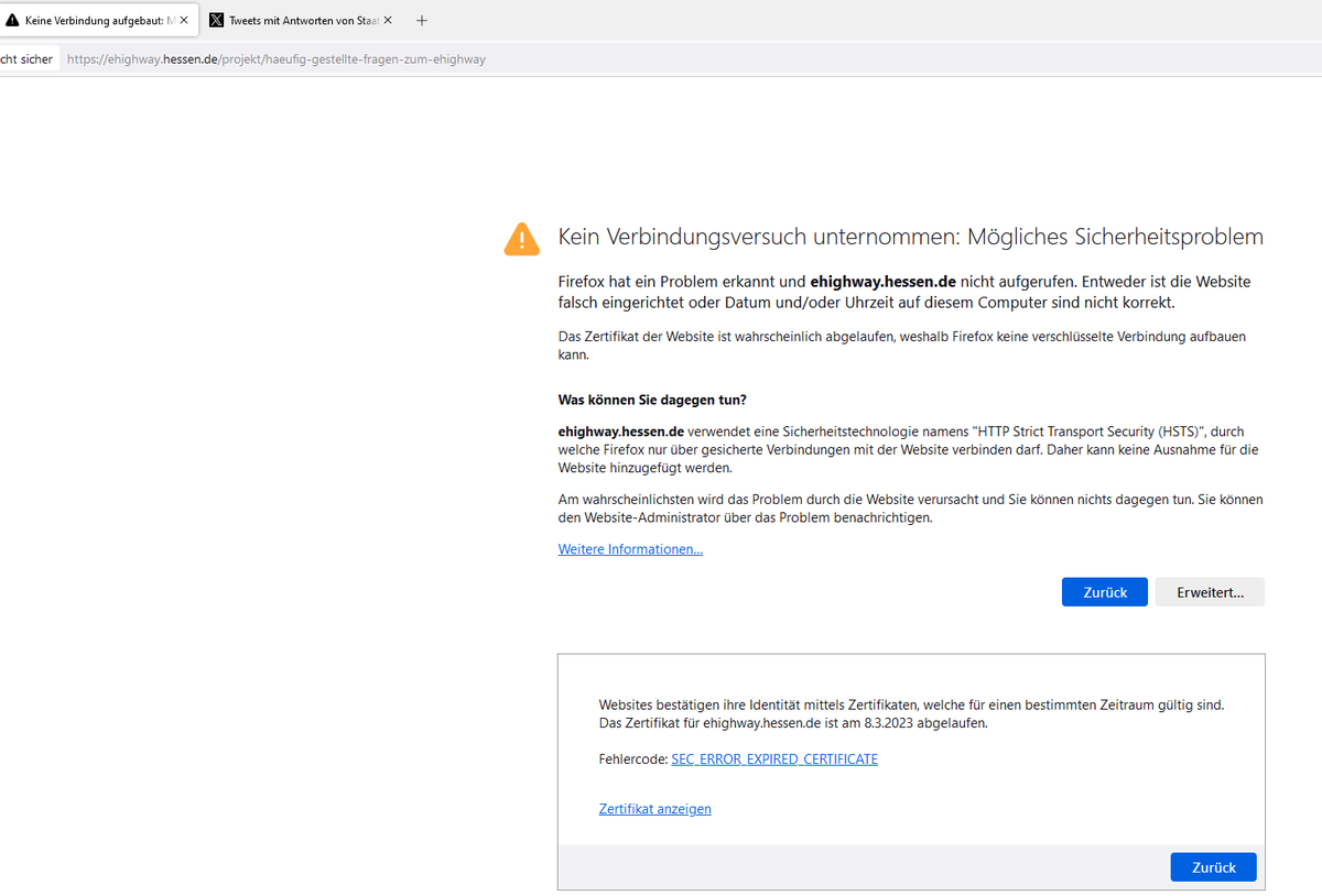 pox_online's tweet photo. @RegHessen Moin würdet ihr evtl. mal das Zertifikat für die Webseite erneuern? Die ist sonst nicht aufrufbar. Abgelaufen am 8.3.2023
https://t.co/v0rfN5OVPF https://t.co/yIpXayEJwW