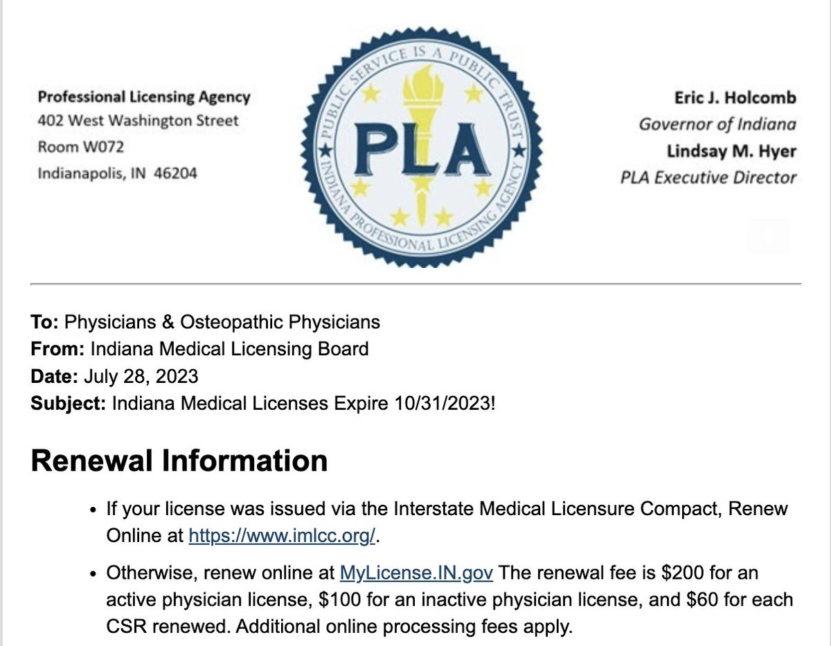 traumamom4's tweet photo. So be it. 

I won't be sending #Indiana $100 for the privilege to hold an inactive medical license. I have no intention of making it "active" again...I won't be moving back as IN has shown itself to be a place hostile to both women and physicians. #politicaldeterminantsofhealth https://t.co/PpKluWfZbP