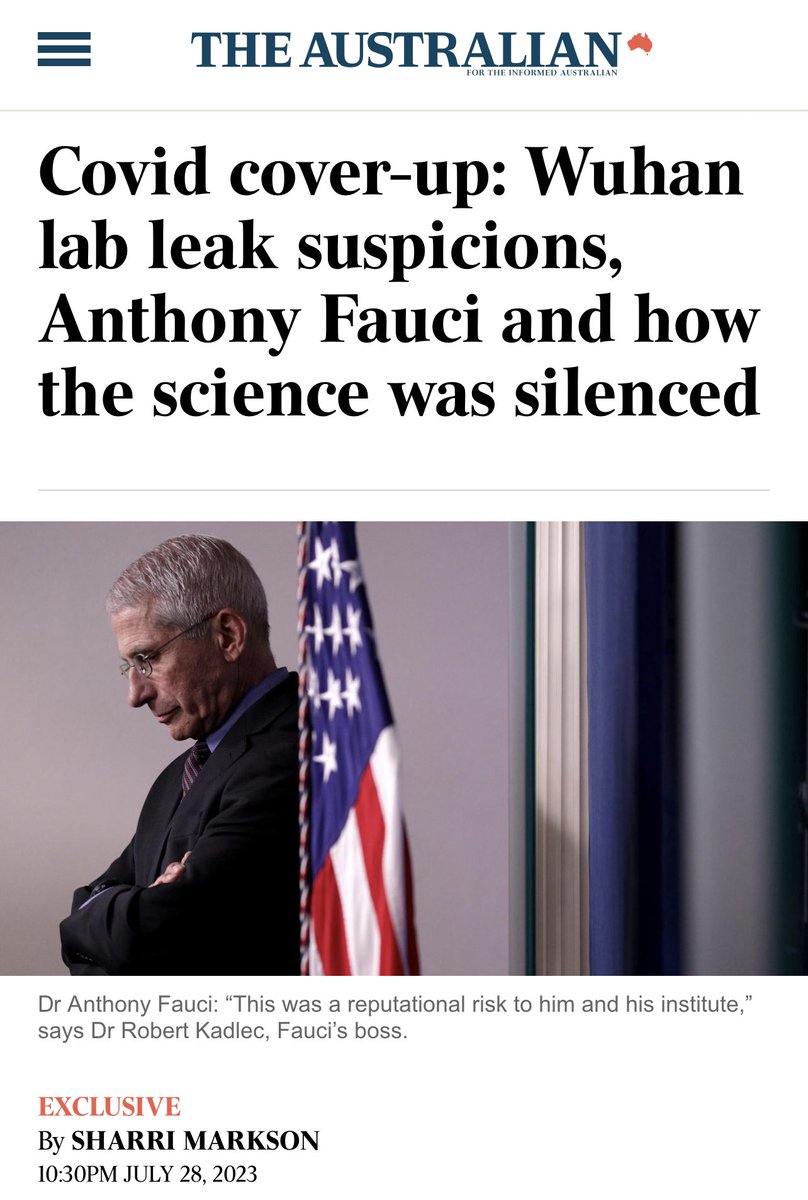 TheChiefNerd's tweet photo. NEW — Anthony Fauci’s Former Boss & Head of Operation Warp Speed Has Reportedly Disclosed the Origins & Coverup of COVID-19 

“Robert Kadlec, who was Assistant Secretary for the US Department of Health during the pandemic – and formerly Anthony Fauci’s boss – has given an interview to The Weekend Australian Magazine. 

‘We think vaccine research resulted in the pandemic – that vaccine ­research was the proximate cause.’ 

In an extraordinary admission, Dr Kadlec said they decided to try to encourage a group of leading international scientists to calm down speculation on the origins of the virus.

Robert Kadlec – former assistant secretary for preparedness and response at the US Department of Health – told The Weekend Australian that he, Dr Fauci and National Institutes of Health director Francis Collins privately discussed how to ‘turn down the temperature’ on accusations against China in the early days of the pandemic while they were trying to encourage Beijing to co-operate and share a sample of the virus.”