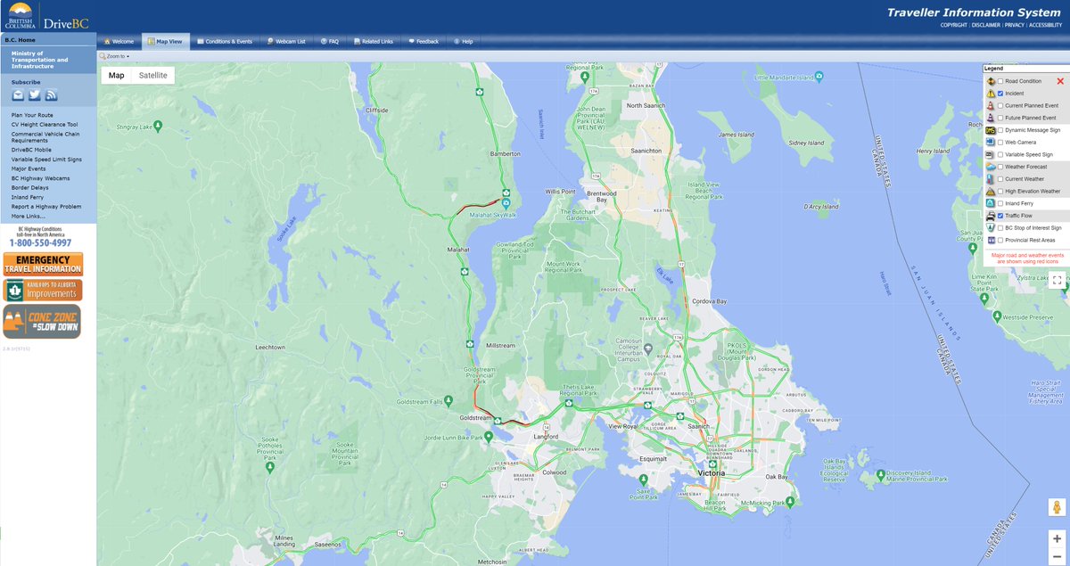 DriveBC's tweet image. 📡UPDATE - #BCHwy1 - #Malahat traffic [see attachment] is being held at either end of the corridor.

Helicopter medivac enroute.

#VanIsle #ZJJ #VictoriaBC #DuncanBC

Source: drivebc.ca/#mapView&amp;amp;z=12&amp;amp;…