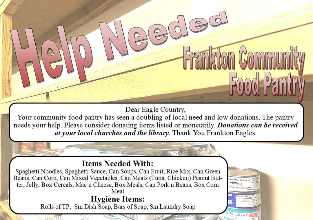 FranktonNhs's tweet photo. Frankton Faithful, the community food pantry is in need of some help!  Donations can be dropped off at the library or local churches.  Thank you!!! https://t.co/zndhOCgw5f
