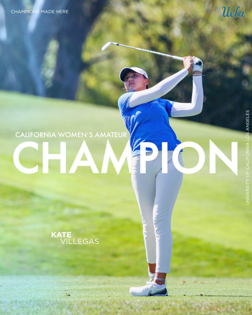 🏆 𝐂𝐀𝐋𝐈𝐅𝐎𝐑𝐍𝐈𝐀 𝐂𝐇𝐀𝐌𝐏𝐈𝐎𝐍

Kate Villegas earns her second crown of July, winning the 57th California Women’s Amateur Championship. 

She clinched the title with a 4&3 win in the final match over Lauren Sung. 

#GoBruins #ChampionsMadeHere