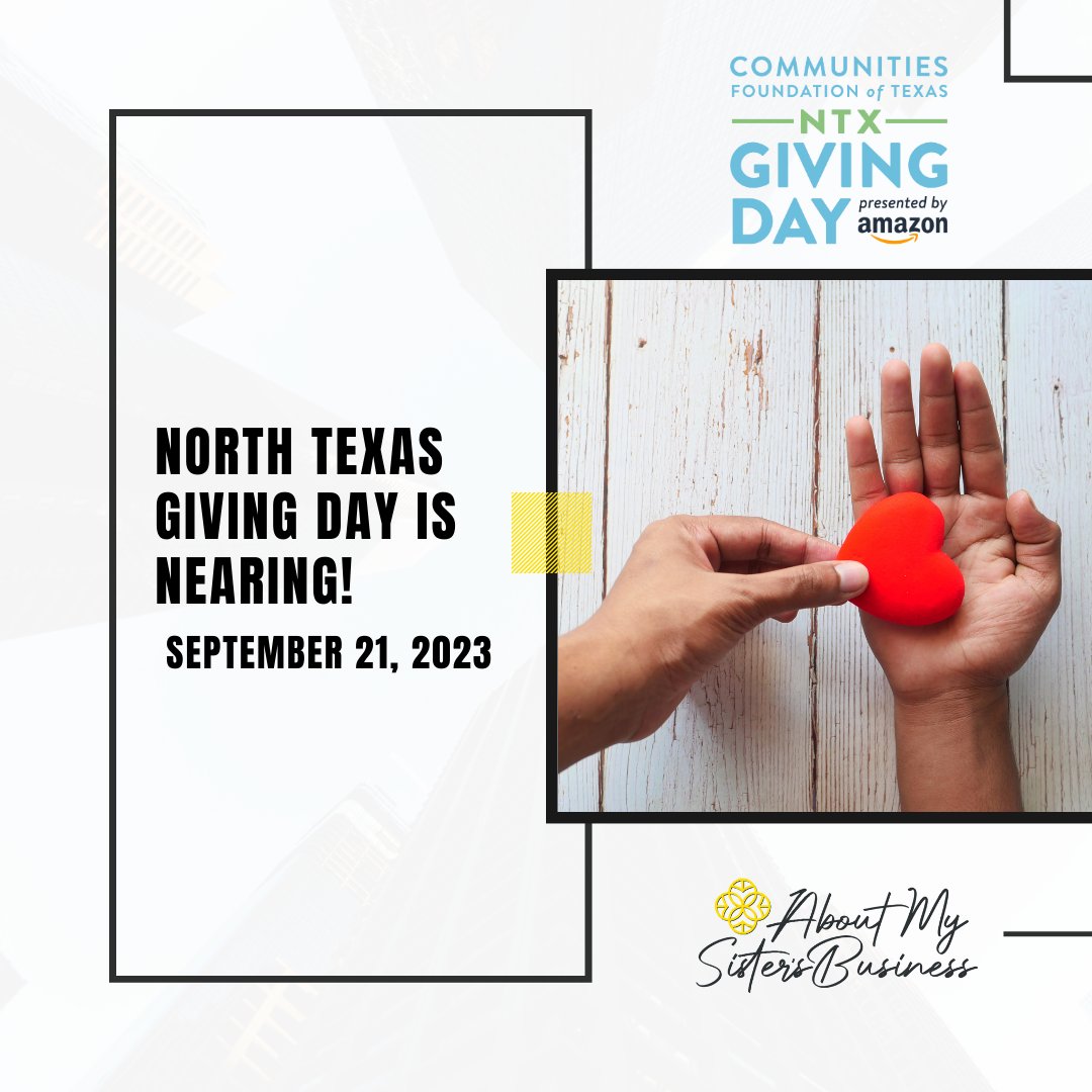 AbtMySisBiz's tweet photo. North Texas Giving Day is next month! Mark your calendars for September 21, as we get ready for the most generous day in North Texas!
https://t.co/7hq2RQkLn7
#northtexasgivingday #NTGD #aboutmysistersbusiness #BlackWomen #blackBusiness #northtexasnonprofit #blackentrepreneurs https://t.co/bIbpmuv5iB