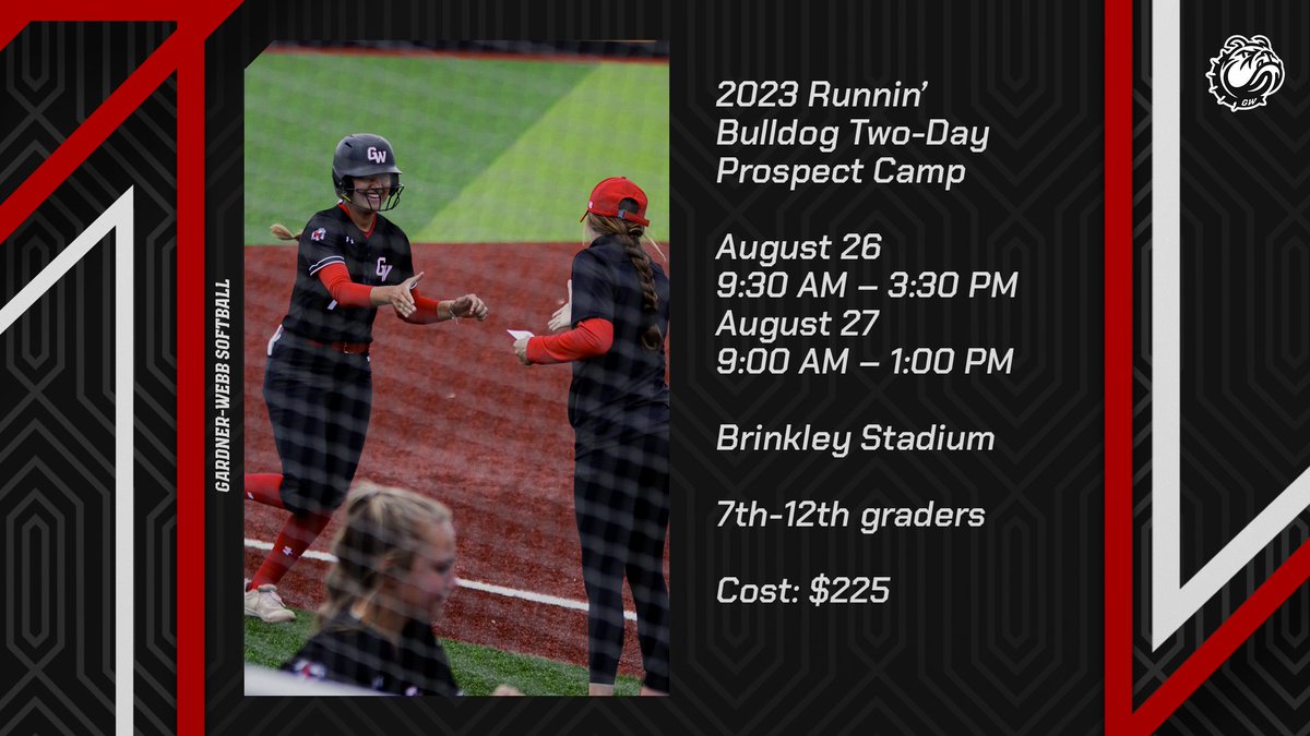 Join us for our 2023 Runnin' Bulldog 𝙏𝙒𝙊 Day Prospect Camp! 

What better way to end the summer 🐾 See YOU there!

REGISTER➡️ gardner-webb.edu/softball-camp-…