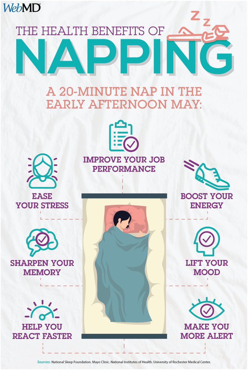 WebMD's tweet photo. Did you know a short nap in the mid-afternoon can boost memory, improve job performance, lift your mood, make you more alert, and ease stress? https://t.co/9ovcP3eJ31 https://t.co/y1Xsm792tM