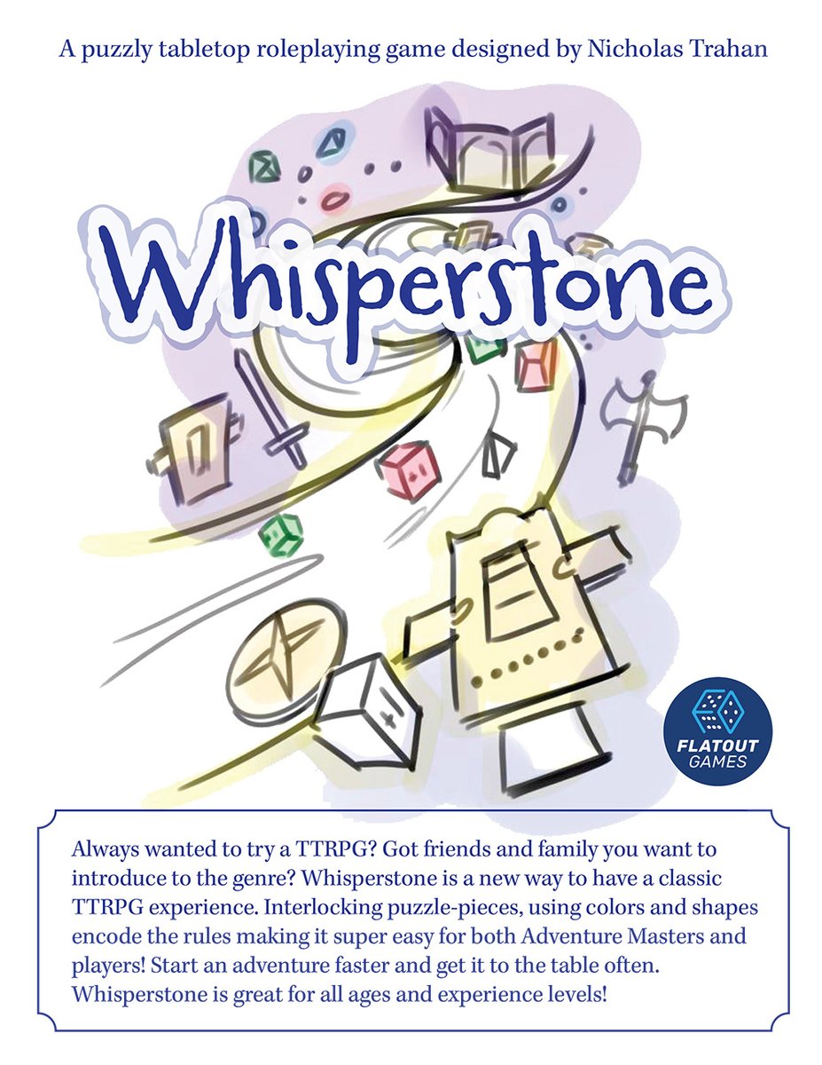 FLATOUT GAMES (@flatoutgames) on Twitter photo We have a new project! Whisperstone is a puzzly tabletop roleplaying game designed by <a href="/elsdrag00n/">Nicholas Trahan</a>! This new take on classic RPGs features interlocking puzzle pieces that use colors and shapes to encode the rules! (Prototype art shown, check out whisperstonerpg.com for more!) We have a new project! Whisperstone is a puzzly tabletop roleplaying game designed by <a href="/elsdrag00n/">Nicholas Trahan</a>! This new take on classic RPGs features interlocking puzzle pieces that use colors and shapes to encode the rules! (Prototype art shown, check out whisperstonerpg.com for more!)
