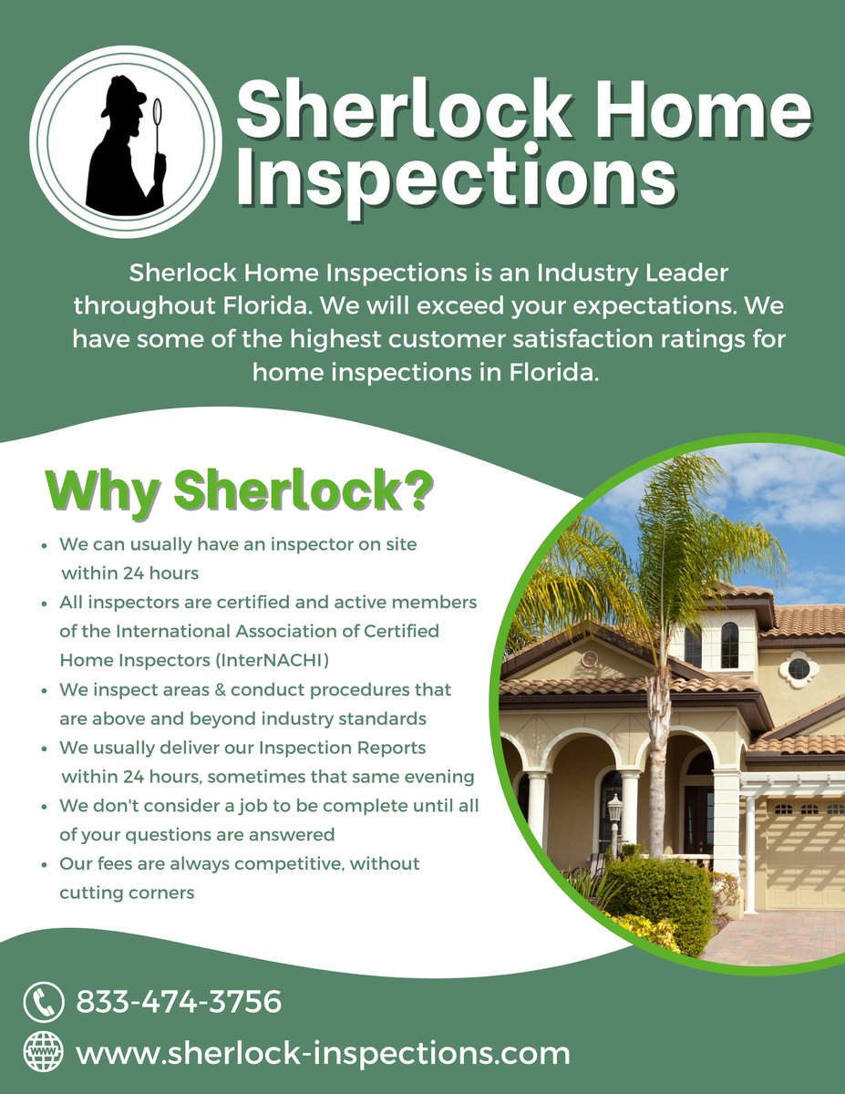 SherlockInspect's tweet photo. Choosing a qualified, honest, and experienced home inspector can give you the knowledge and confidence you need to make sound decisions. Our comprehensive inspections bring peace of mind to every client. 
Call/Text us today and experience the difference for yourself. 833-474-3756 https://t.co/cHgmGyZFd8