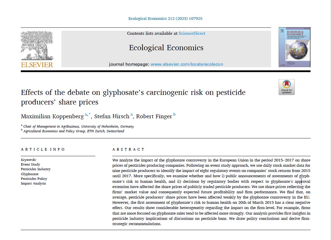 Max Koppenberg (@maxkoppenberg) on Twitter photo What was the effect of the public debate on glyphpsate's caricongenic risk between 2015 and 2017 on pesticide producers' share prices?
Happy to share <a href="/Hirsch0911/">Stefan Hirsch</a>'s, <a href="/RobertFinger1/">Robert Finger</a>'s and my new paper published in Ecological Economics (sciencedirect.com/science/articlā¦). What was the effect of the public debate on glyphpsate's caricongenic risk between 2015 and 2017 on pesticide producers' share prices?
Happy to share <a href="/Hirsch0911/">Stefan Hirsch</a>'s, <a href="/RobertFinger1/">Robert Finger</a>'s and my new paper published in Ecological Economics (sciencedirect.com/science/articlā¦).