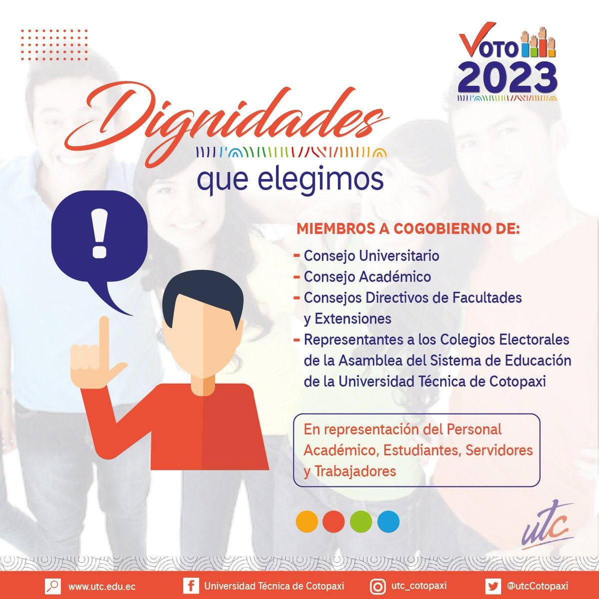 utcCotopaxi's tweet photo. 🗳️✍️ Este lunes 31 de julio, ejerce tu derecho al voto y elige a tus representantes al Cogobierno Universitario. 📝✨
📌 Consulta tu padrón electoral a través de este enlace👉 https://t.co/EAr6NtPcPr 👈🗳️
#EleccionesUTC2023 #SoyUTC #UTCEnAcción #Democracia #UTCTransparente https://t.co/JVaUJNc1EO