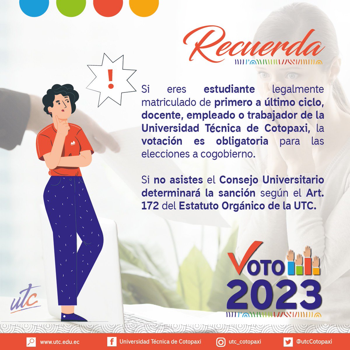 utcCotopaxi's tweet photo. 🗳️✍️ Este lunes 31 de julio, ejerce tu derecho al voto y elige a tus representantes al Cogobierno Universitario. 📝✨
📌 Consulta tu padrón electoral a través de este enlace👉 https://t.co/EAr6NtPcPr 👈🗳️
#EleccionesUTC2023 #SoyUTC #UTCEnAcción #Democracia #UTCTransparente https://t.co/JVaUJNc1EO