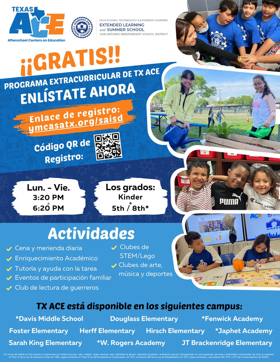 Extended Day, SAISD (@saisdextlearn) on Twitter photo 📚Enroll today for the TX ACE after-school program!
📚¡Inscríbete hoy en el programa extracurricular TX ACE!
saisd.net/page/TX%20ACE%… 📚Enroll today for the TX ACE after-school program!
📚¡Inscríbete hoy en el programa extracurricular TX ACE!
saisd.net/page/TX%20ACE%…