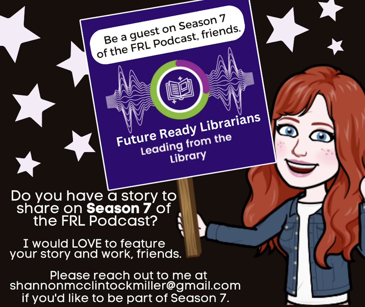 shannonmmiller's tweet image. Happy Saturday, friends. ☺️

We are getting ready to kick off Season 7 of the #FutureReadyLibs Podcast, Leading From The Library. 

Do You Want To Share Your Story &amp;amp; Work On Season 7 Of The Future Ready Librarians Podcast, Friends?   

Please reach out to me at…