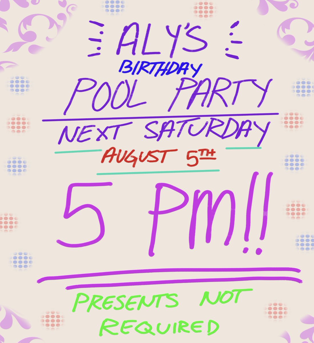 funkyvigilante's tweet photo. WHAT’S UP GUYS! My birthday is NEXT SATURDAY - August 5th! So, as a celebration and wanting to know you all more, I’m throwing a POOL PARTY AT 5PM! You’re all invited! Presents aren’t required, all just a time to have fun and hang out! Plenty of snacks, drinks, and games! https://t.co/QQiVlGuqVI