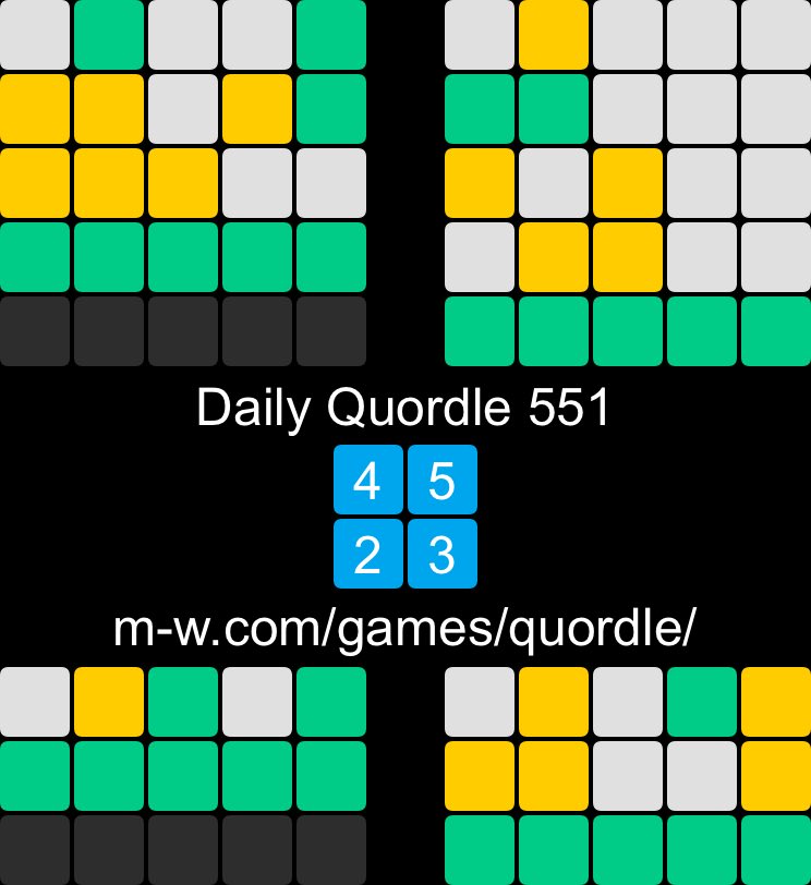 dsloving's tweet photo. Daily Quordle 551
4️⃣5️⃣
2️⃣3️⃣
https://t.co/gnCHS7Vzto https://t.co/HliCSa2I6y